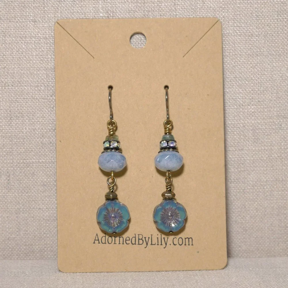 Hand Crafted Handmade Earrings Blue Opalite Czech Glass & Rhinestone Ear… - Picture 2 of 4